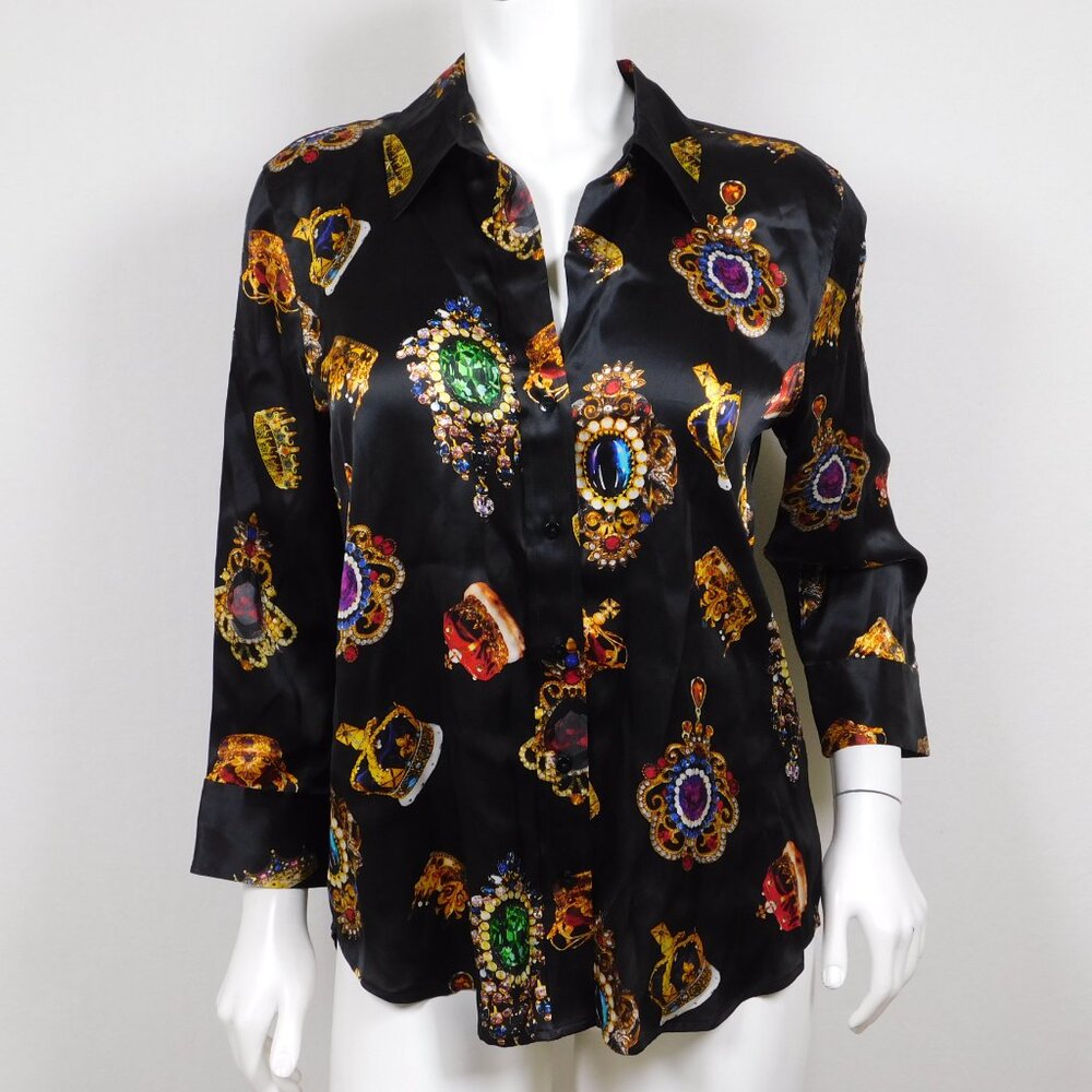 NEW L'AGENCE Dani Black Multi Medallion Silk Blouse M NWT - Picture 6 of 6